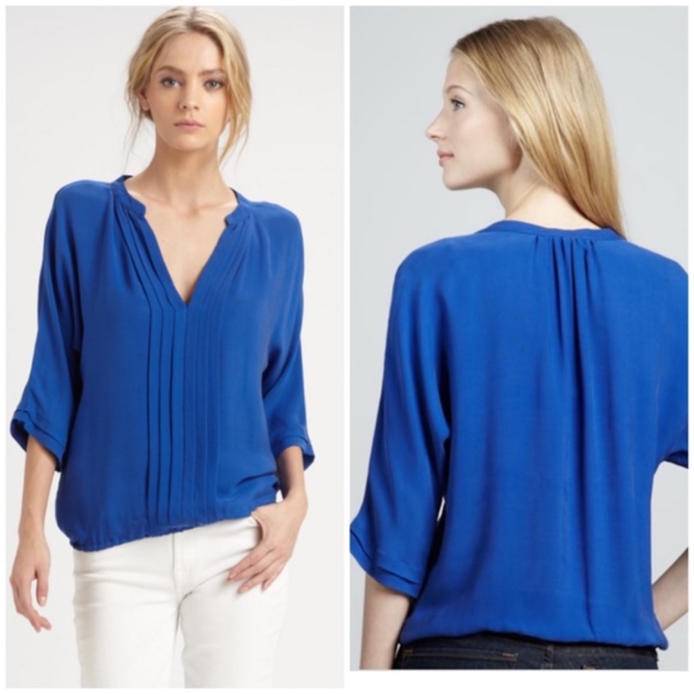 Joie Marru Pleated 100% Silk V-Neck Blouse in Blue